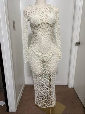 Women’s Ivory Crochet Long-Sleeve Swim Cover-Up Dress